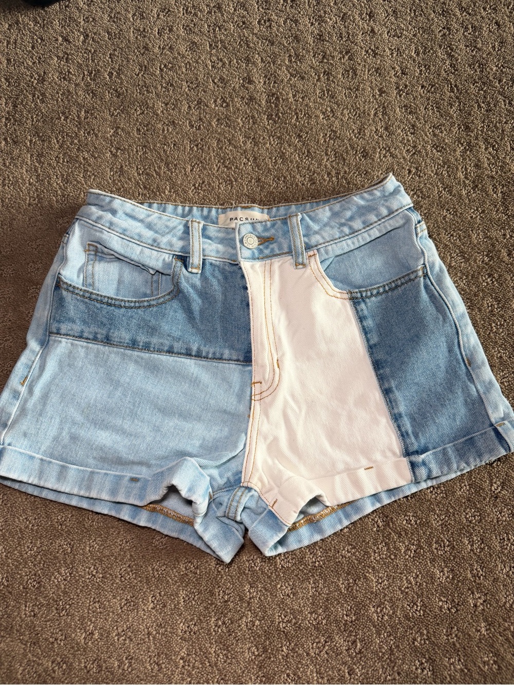 PacSun Three-Tone Light Blue & White Patchwork Denim Shorts